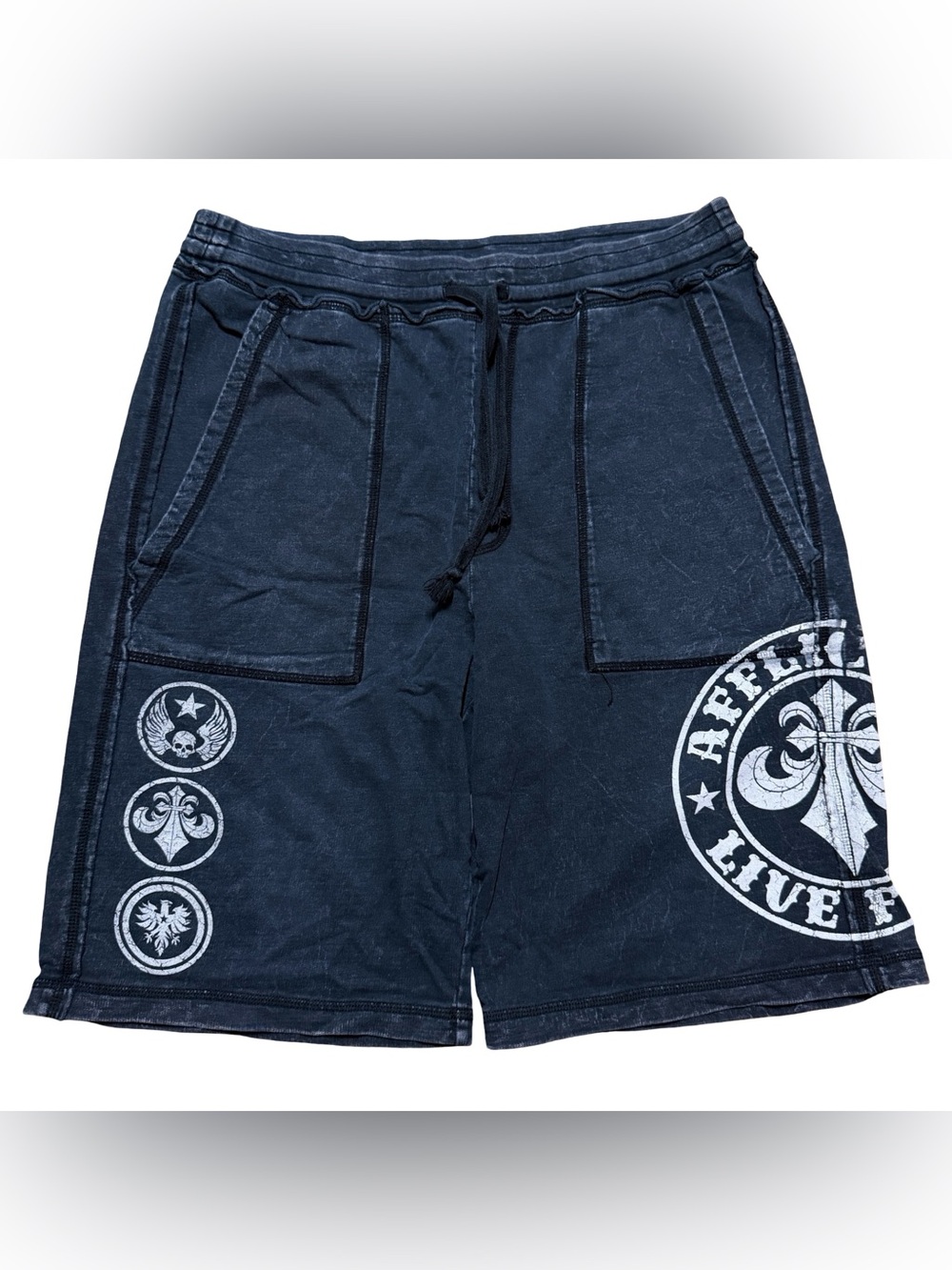 Mens Y2K Affliction Cross Stone Wash Grunge Style Sweat Grey Shorts Size L